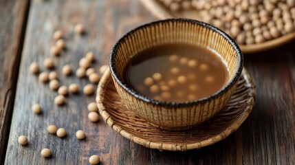 Wall Mural - tamari in a bamboo saucer on a rustic wooden table with soybeans scattered around