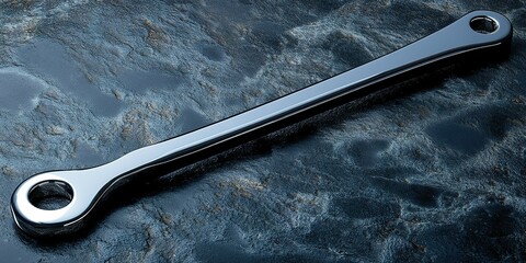 Poster - Shiny chrome tool resting on textured stone surface with soft lighting in a workshop setting