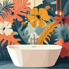 Wall Mural - Bathtub in a bathroom featuring a vibrant floral mural wallpaper