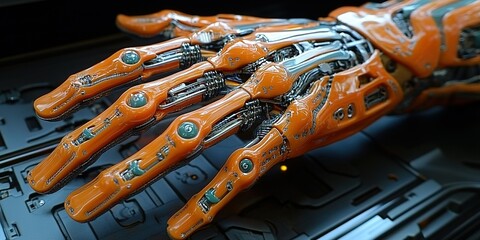 Poster - Intricate robotic hand with detailed mechanics resting on a surface in a futuristic environment