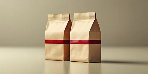 Poster - Brown paper bags with red stripes on a light background, showcasing minimalist packaging design