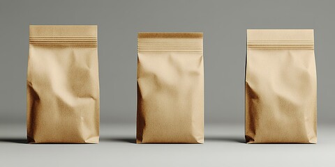 Poster - Brown paper bags arranged neatly on a gray surface with soft lighting, showcasing their simple and classic design