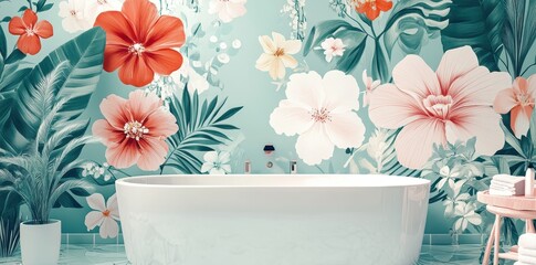 Wall Mural - White bathtub set against a lush tropical floral backdrop