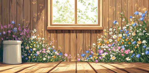 Wall Mural - Colorful flowers bloom beneath a window on a wooden wall