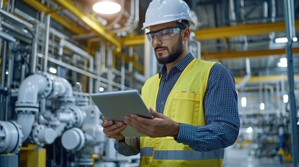 Poster - A man in a yellow vest is holding a tablet while standing in a factory