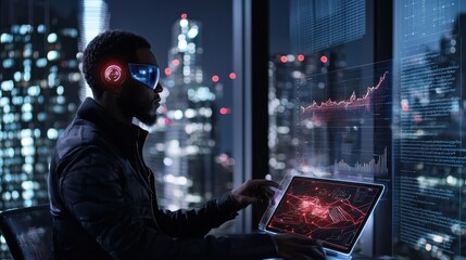 Fototapete - A man wearing a pair of virtual reality goggles is working on a computer