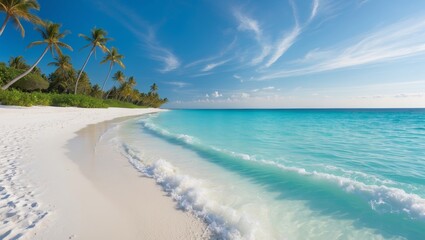 Wall Mural - tropical beach with turquoise water and palm trees under a clear blue sky during sunrise over the ho