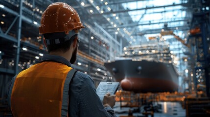 Aufkleber - A man in a safety vest is looking at a ship in a large building