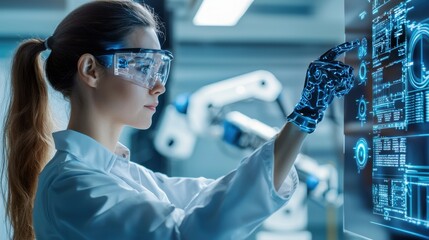 Aufkleber - A woman wearing a lab coat and goggles is pointing at a computer screen