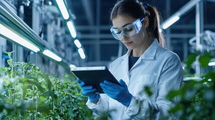 Aufkleber - A woman wearing a lab coat and goggles is looking at a tablet