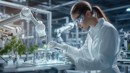 Aufkleber - A woman in a lab coat is working on a machine that is surrounded by plants