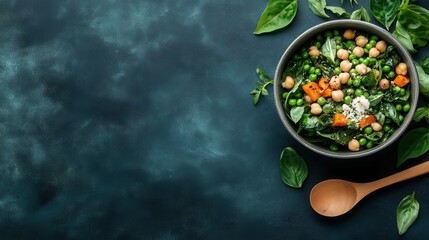 Wall Mural - Fresh and vibrant chickpea and green pea salad with herbs and vegetables on dark background.