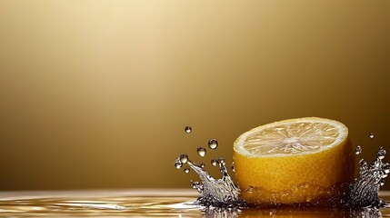 Wall Mural - Fresh lemon slice splashing into water with golden background, perfect for culinary and beverage use