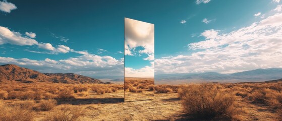 Poster - Surreal Desert Landscape with Reflective Mirror and Cloudy Sky: Concept of Illusion, Reality, and Parallel Dimensions