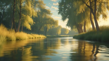 Poster - calm river reflects golden light at dawn in a serene landscape surrounded by lush trees