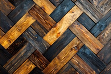Poster - An exquisitely crafted wood parquet showcases herringbone patterns featuring rich golden and dark tones, enhancing textural depth and visual appeal to elevate interior spaces.