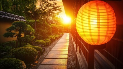 Wall Mural - Sunset illuminating path in Japanese garden with lantern.