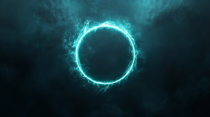 Wall Mural - glowing turquoise circle surrounded by smoky texture on dark background