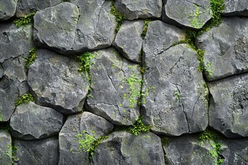 Poster - Stone wall with vibrant green moss growing in the cracks, creating a textured and natural background with a sense of age and timelessness and organic feel.