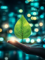 Poster - Green Leaf in Hand Sustainable Nature Cityscape Background Eco Friendly Environmental Conservation Concept Image Digital Art Modern Design Vibrant    