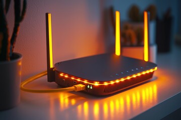 Poster - Illuminated wireless router with yellow accents and antennas, with an ethernet cable plugged in, standing on a surface near a cactus plant in a dim setting.