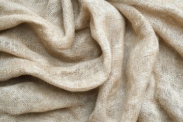 Poster - A close-up shot showcases the intricate texture of a natural burlap fabric, featuring elegant folds and a warm, earthy tone, revealing its raw and organic essence.