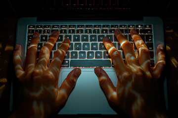 Poster - hands illuminated by laptop screen typing, highlighting online work and digital lifestyle in low lig