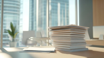 Poster - Piles of documents on a desk symbolize multitasking and deadline pressure in a modern office. Sunlight streams through windows, highlighting the urgency and chaos of time management