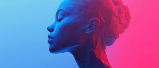 Wall Mural - profile of a serene polygonal woman with closed eyes, bathed in vibrant blue and pink neon light con