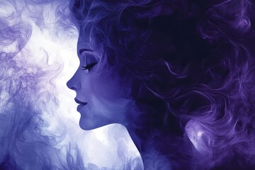 Wall Mural - Profile of a woman immersed in swirling purple smoke artwork