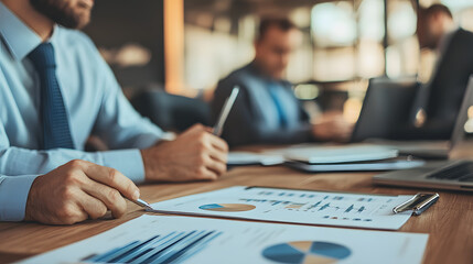 Poster - Financial Review: Business professionals analyzing charts, data and market trends at office meeting.