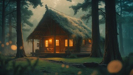 Poster - Cozy cabin nestled among tall trees in a foggy forest during twilight with warm light glowing from windows
