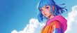 © Fernando - Stylish young woman with bright blue hair and colorful jacket against a vibrant blue sky Modern, trendy, and fashionable girl with a unique look Concept of youth, individuality, and style