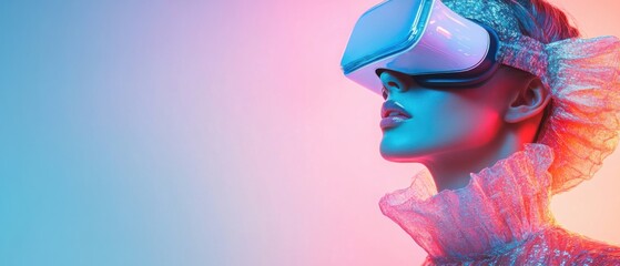 Woman wearing VR headset in metaverse, exploring virtual reality Futuristic technology concept with neon pink and blue lighting