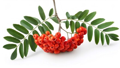 Poster - Studio shot of a rowan branch with ripe red berries and serrated green leaves, isolated on white background