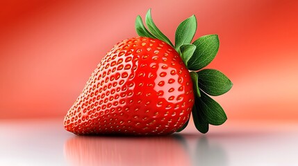 Fresh, vibrant strawberry resting on a reflective surface with a soft red gradient background