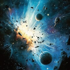 Wall Mural - Two planets and numerous asteroids amidst a vibrant nebula