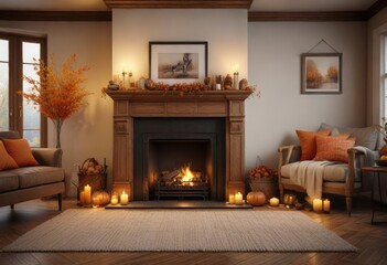 Sticker - Cozy living room with a warm fireplace and autumn decorations, serene , relaxation, autumn