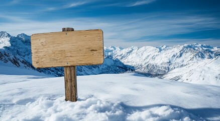 Wall Mural - Wooden sign on snowy mountain landscape under a clear blue sky