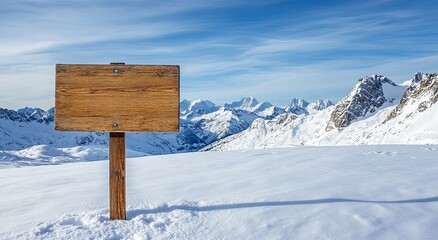 Wall Mural - Blank wooden sign in snowy mountain landscape under clear blue sky