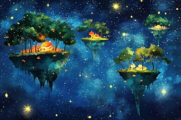 Wall Mural - Floating islands in a starry night sky with trees