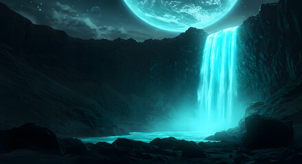 Wall Mural - A surreal landscape featuring a glowing waterfall cascading into a tranquil pool, illuminated by a large moon in a starry sky. The scene is dark with hints of blue, creating a mystical atmosphere.