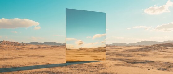 Poster - Surreal Desert Landscape with Reflective Monolith: A Mirrored Portal in a Barren Landscape under a Blue Sky Concept of illusion, reality, and parallel dimensions