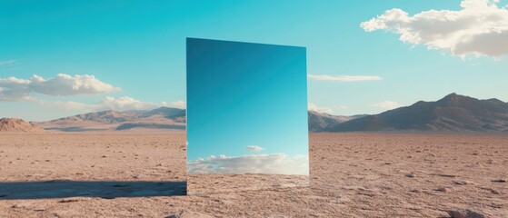 Poster - Surreal desert landscape with large mirror reflecting blue sky and clouds, contrasting with the arid ground and distant mountains Concept of illusion, reality, and parallel dimensions
