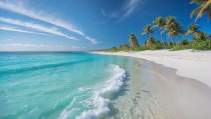 Wall Mural - serene tropical beach with turquoise waters and palm trees under a bright blue sky