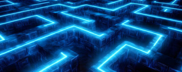 Poster - Digital labyrinth background with blue glowing elements