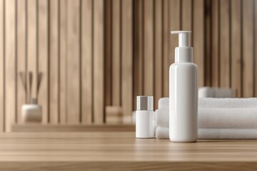 Wall Mural - Empty Skincare Bottles Mockup with Towel