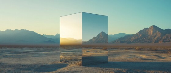 Leinwandbilder - Reflective monolith in a barren desert landscape at sunset Mirrored cube reflecting the setting sun and surrounding mountains Concepts of solitude, mystery, and surrealism