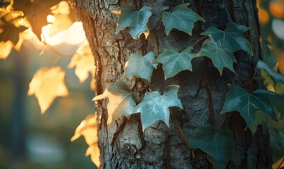 Golden sunlight through ivy leaves clinging to a textured tree trunk