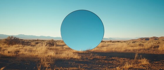Leinwandbilder - Large blue circular mirror reflecting the sky in a dry, desert landscape at sunset Concept of surrealism, art installation, and reflection